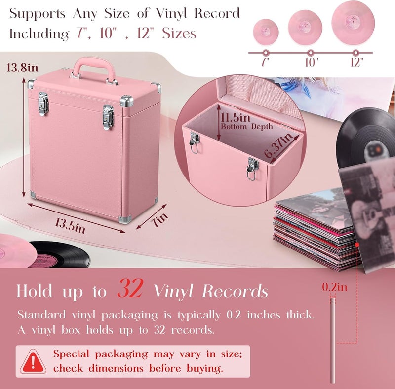 Hododou Vinyl Record Storage Box with Lock Record Organizer Storage for 30+ Single Records 12-inch Water Resistant Collapsible Storage Crate with Handle Mesh Pouch for Valuable Album Collection Pink - Image 5